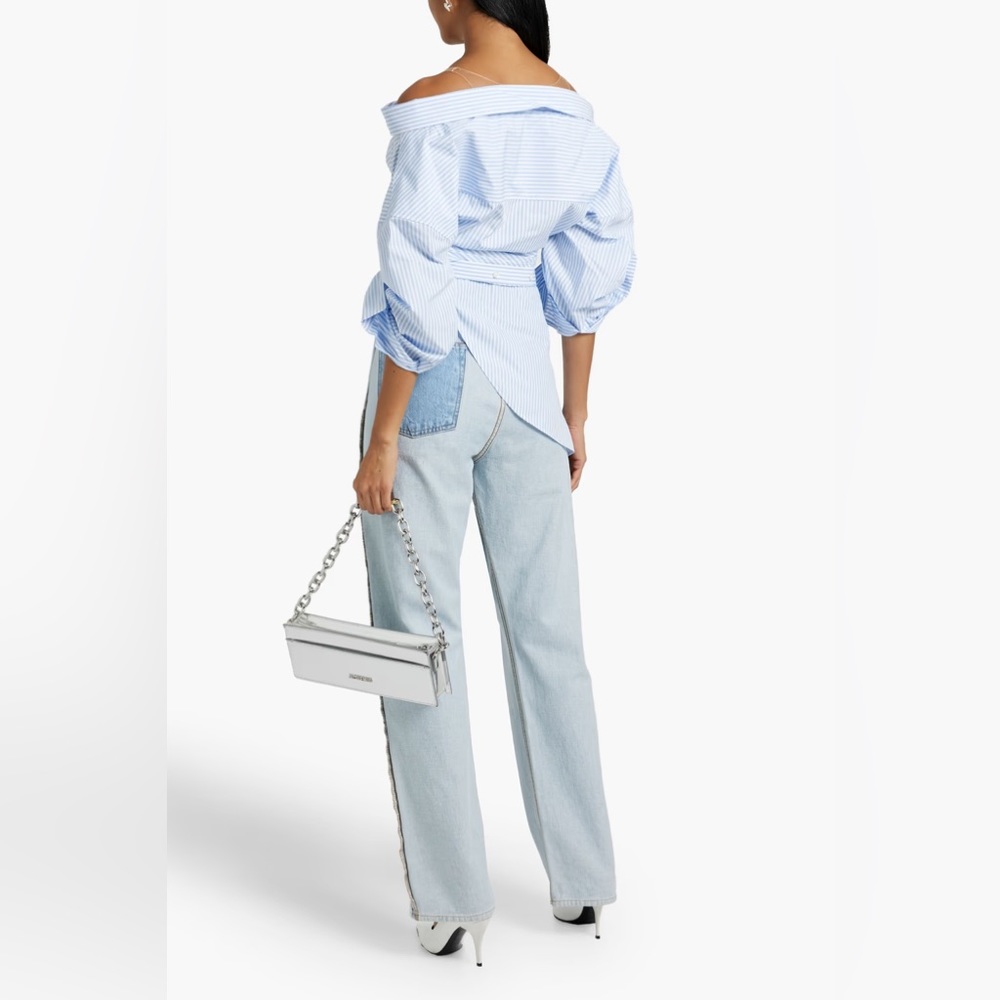 SOLD! Alexander Wang Off Shoulder Asymmetric Striped Mesh Accent Poplin Top 2 - Picture 5 of 17